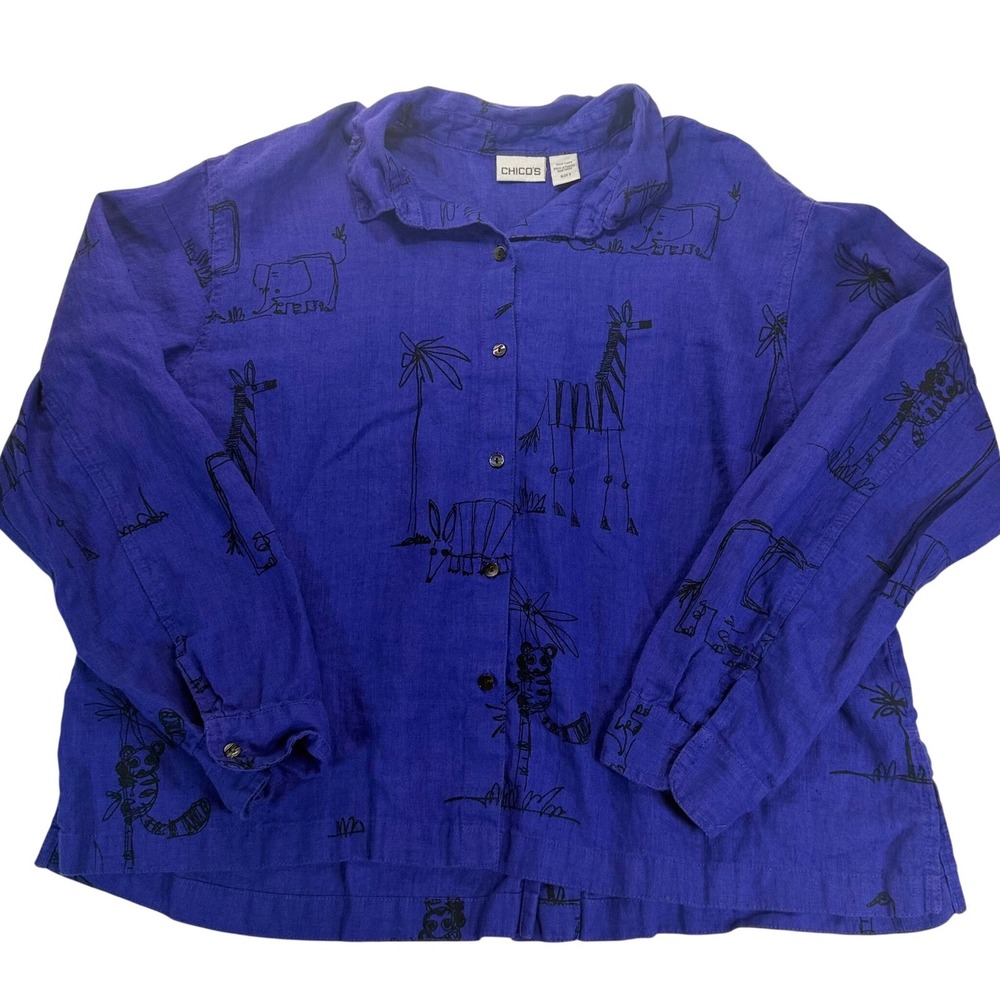 Chicos Purple 100% Linen Animal Safari Print Shirt 3 (XL) VTG 90's Lagenlook Art